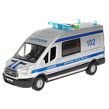 Модель машины Технопарк Ford Transit Полиция, пластиковая, серебристая, инерционная, свет, звук, 22 см
