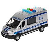 Модель машины Технопарк Ford Transit Полиция, пластиковая, серебристая, инерционная, свет, звук, 16 см