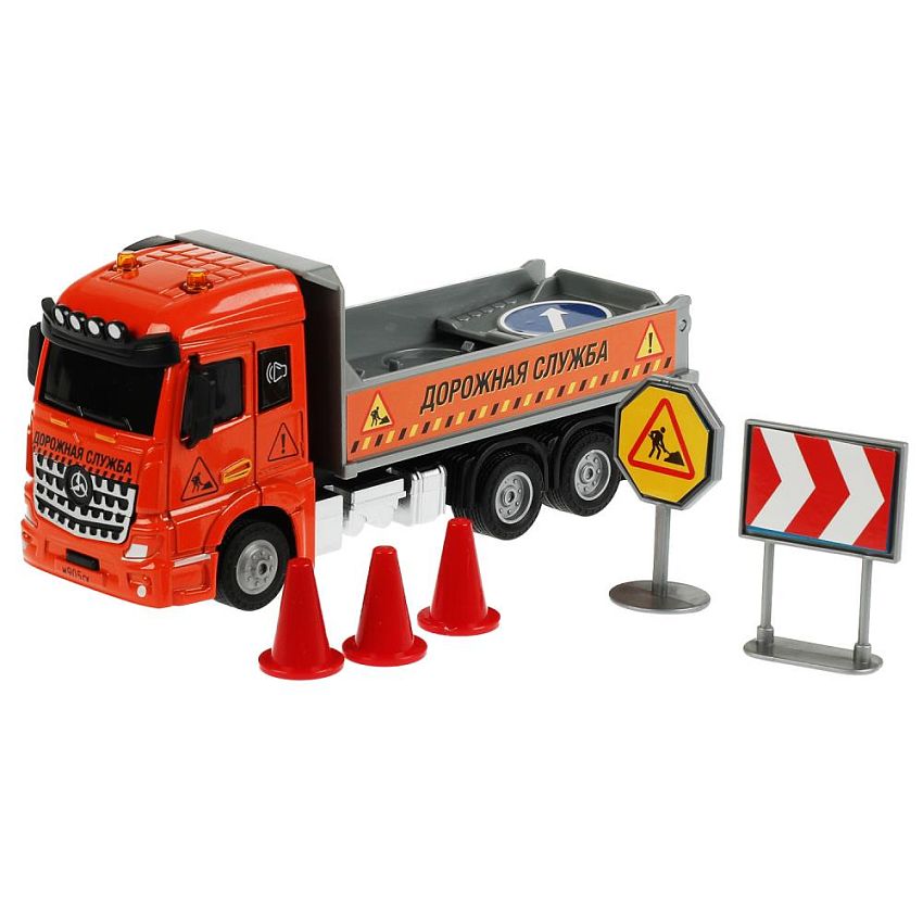 Модель машины Технопарк Грузовик Дорожная служба, инерционная, свет, звук, с набором знаков - фото