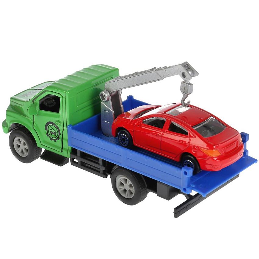 Модель машины Технопарк ГАЗон Next эвакуатор, инерционная, с автомобилем Hyundai Solaris - фото N4