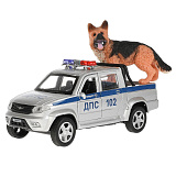 Модель машины Технопарк УАЗ Patriot пикап, Полиция, серебристая, инерционная, с собакой