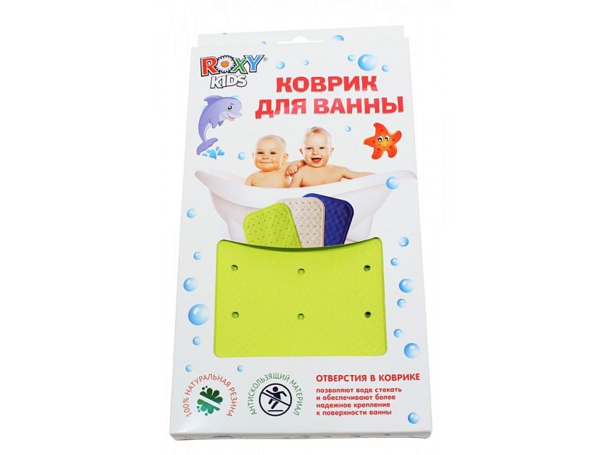Резиновый коврик Roxy-Kids для ванны, с отверстиями, салатовый, голубой, 34.5x76 см - фото