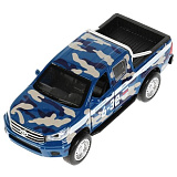 Модель машины Технопарк Toyota Hilux, армейская, синий камуфляж, инерционная, свет, звук