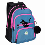 Рюкзак Grizzly Cute Kitten, школьный, укрепленная спинка, 3 отделения, для девочек, синий, 15.5L, 39х30х20 см