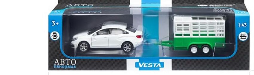 Модель автомобиля Автопанорама Lada Vesta с прицепом, 1:43, белая - фото