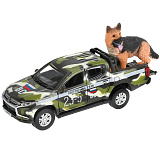 Модель машины Технопарк Mitsubishi L200 пикап армейский, в камуфляже, инерционная, с собакой