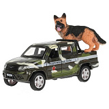 Модель машины Технопарк УАЗ Patriot пикап армейский, в камуфляже, инерционная, с собакой