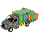 Модель машины Технопарк ГАЗон Next мусоровоз, серо-зеленая, пластиковая, инерционная, свет, звук