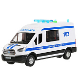 Модель машины Технопарк Ford Transit Полиция, пластиковая, белая, инерционная, свет, звук, 22 см