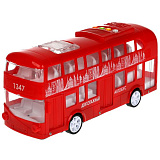 Автобус Технопарк Двухэтажный, красный, пластиковый, инерционный, свет, звук