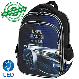 Ранец Brauberg Quadro, 3 отделения, с брелоком, Sport car, LED-лампочки, 17L, 37х28х18 см