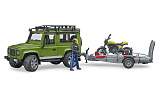 Внедорожник Bruder Land Rover Defender с прицепом и мотоциклом Scrambler Ducati Full Throttle и фигуркой