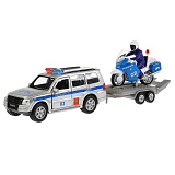 Модель автомобиля Технопарк Mitsubishi Pajero Полиция с мотоциклом на прицепе, инерционная
