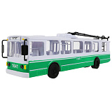 Троллейбус Технопарк бело-зеленый, пластиковый 31,5 см, инерционный, свет, звук