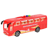 Автобус экскурсионный Технопарк, красный, пластиковый, инерционный, свет, звук