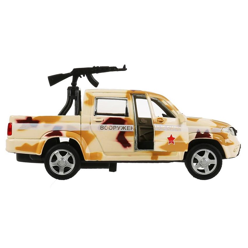 Модель машины Технопарк УАЗ Patriot пикап, армейский, с пулеметом, пустынный камуфляж, инерционный