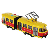 Трамвай Технопарк Tatra сочлененный, желто-красный, пластиковый, инерционный, свет, звук, 30 см