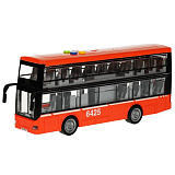 Автобус Технопарк Двухэтажный, оранжевый, пластиковый, инерционный, свет, звук
