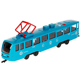 Трамвай Технопарк голубой, пластиковый, инерционный, свет, звук