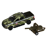 Модель машины Технопарк Ford Ranger пикап, армейский, в камуфляже, инерционный, с пушкой